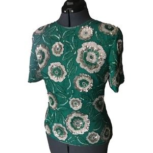 Green Vintage Beaded Floral Silk Blouse sz Medium